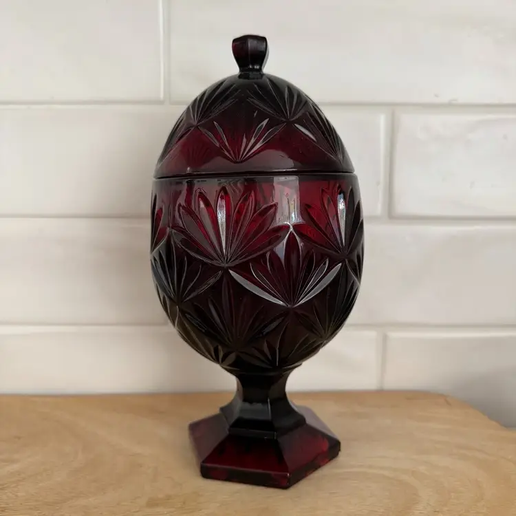 Luminarc / Cristal D'Arques-Durand ruby red glass egg pedestal candy dish.