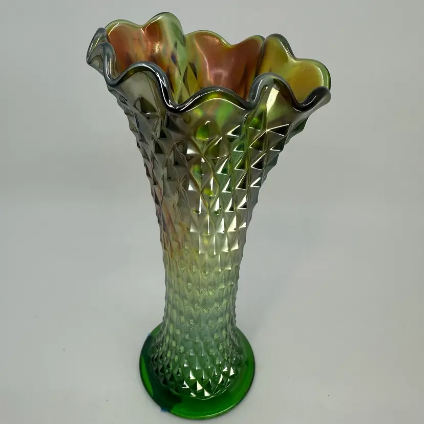 Northwood Carnival Glass Green  Diamond Point Swung Vase 9.5”
