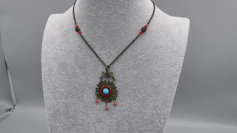 Vintage Boho Tribal Dangle Pendant Choker Necklace Red Crystal Blue Cabochon Antiqued Metal 13.5" - 15.5"