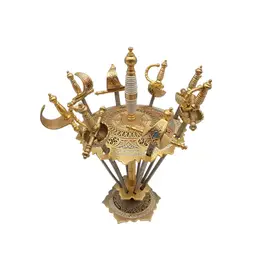 Toledo Spain Damascene Ornate Brass Sword Cocktail/Charcuterie Pick Set With Stand