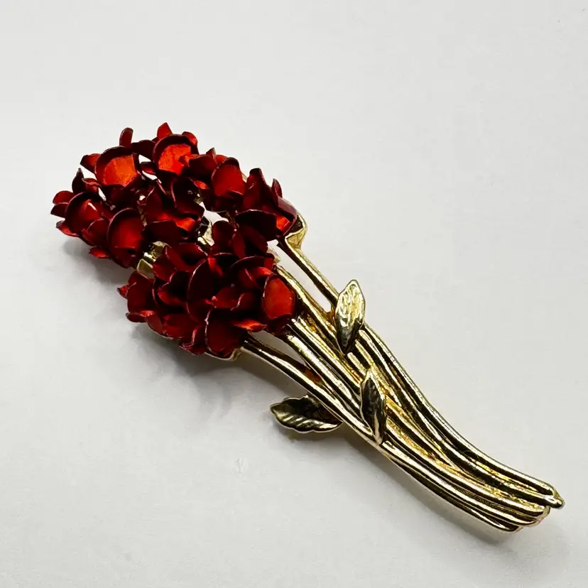 Vintage 1997 Red Enamel Floral Brooch with Gold-Tone Stems, Stamped by David Monn, Made in New York
