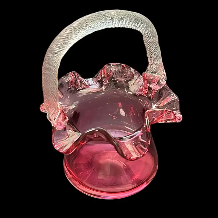 Fenton Hand blown Cranberry Art glass Basket 7” Tall