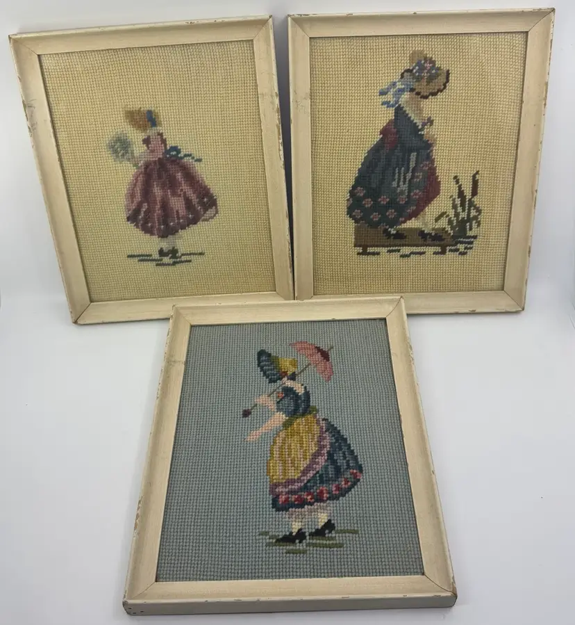 Vintage Framed Needlepoint Pictures Small Girls In Bonnet Cottagecore Lot 3 READ