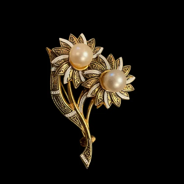 Toledo Ware Mid-Century, Spanish Dual Flower, Stem, Brooch, Faux Pearls unsigned Repaired