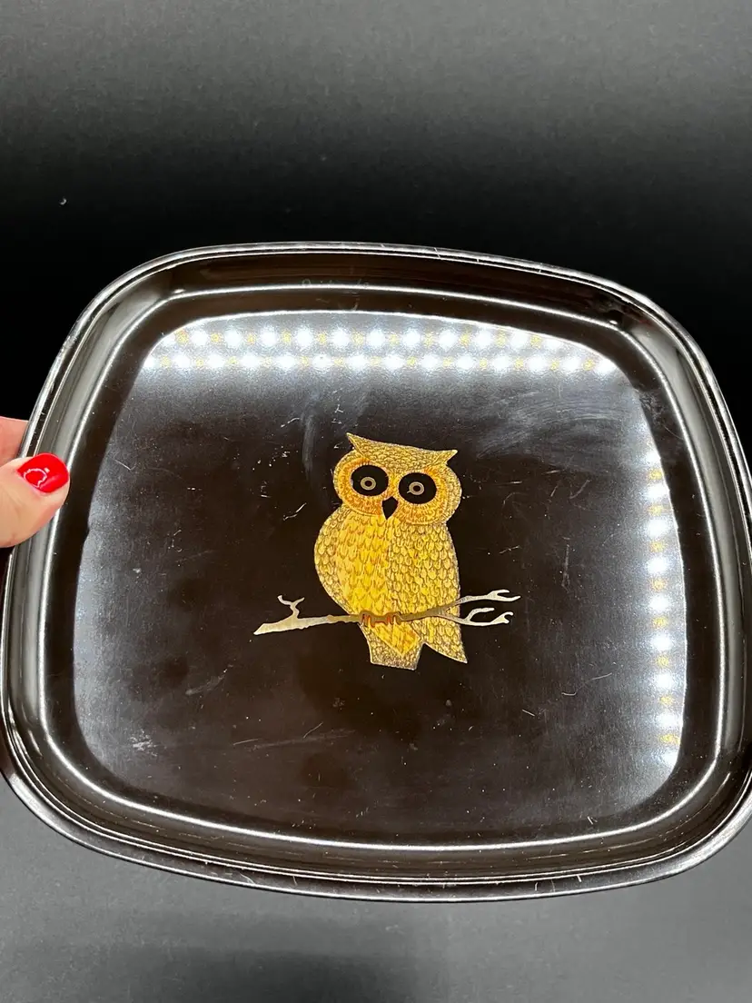 Black Couroc Of Monterey Owl On Branch Square Serving Plate Inlaid Wood 🪵