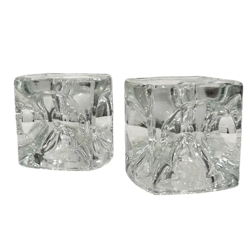 Two Vintage Ice Cube Crystal Dimpled Taper Candlestick Holders