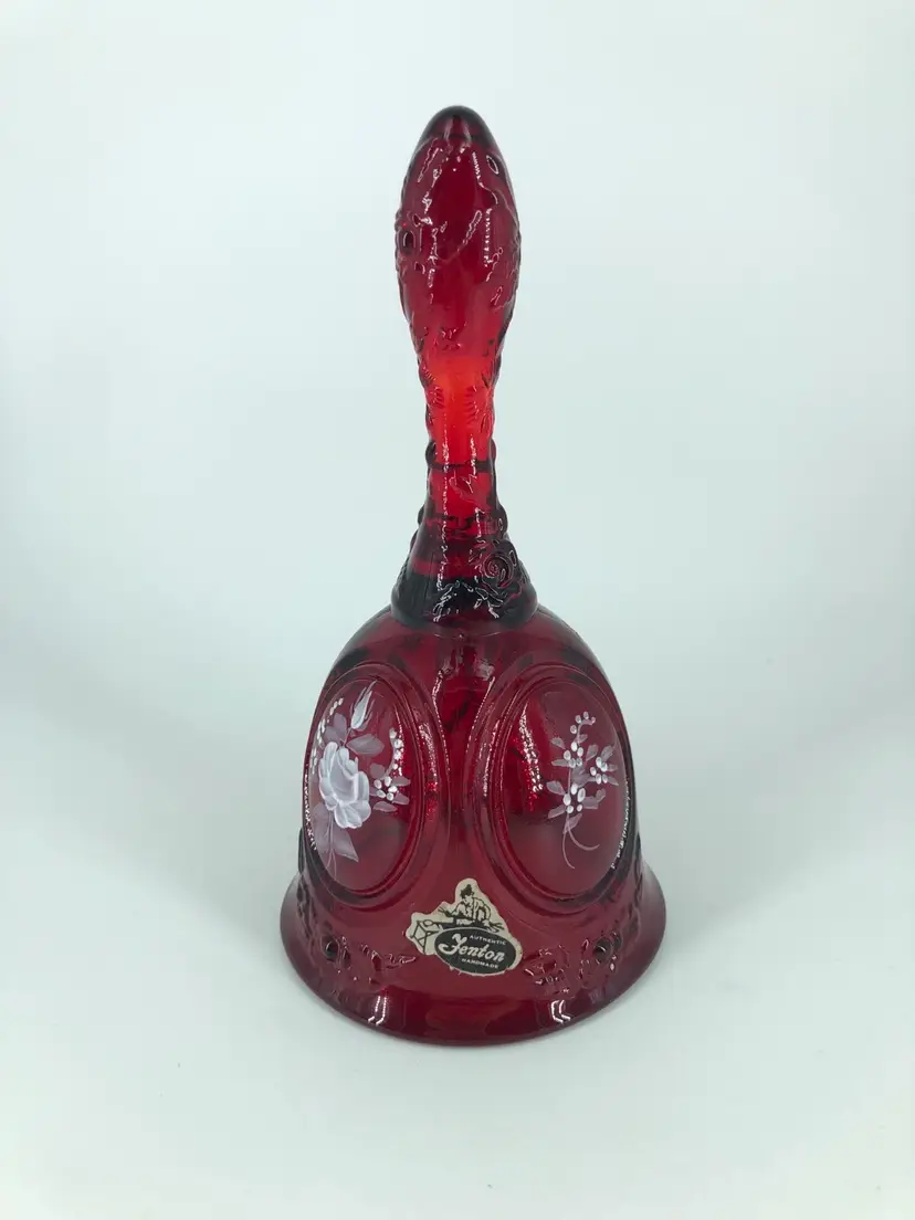 Vintage Fenton Ruby Red with White Flowers Glass Bell Signed Cathy G.