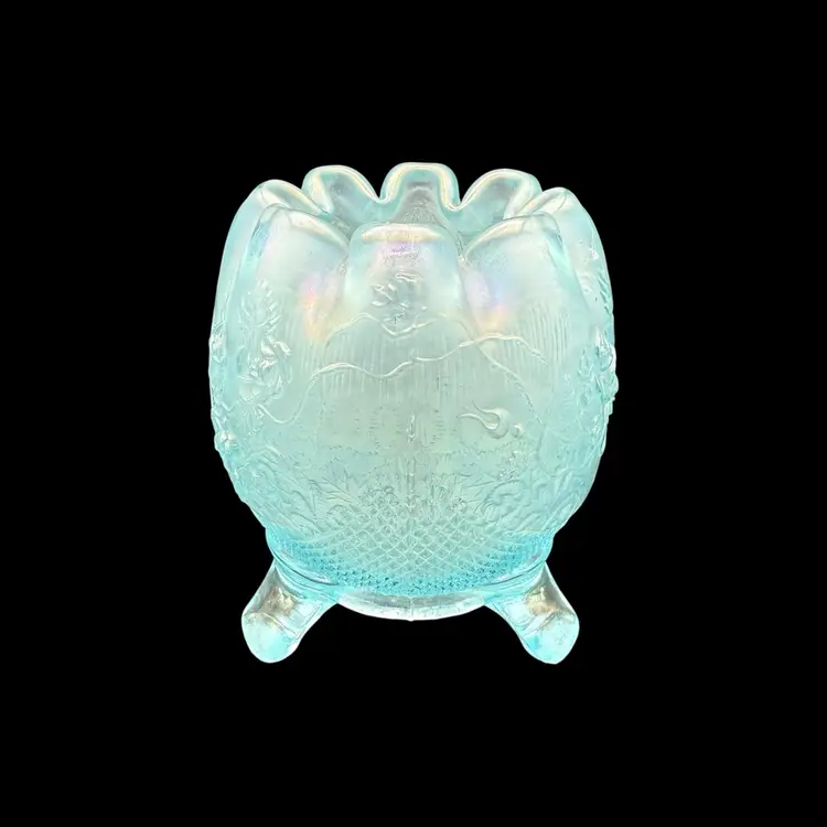 Northwood Ice Blue Fine Cut & Roses Fancy Interior Carnival Glass RoseBowl