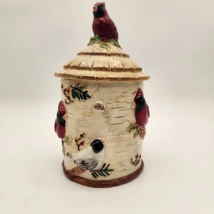 Make the Season Bright Cardinal Birdhouse Cookie Jar Ceramic Holiday Decor