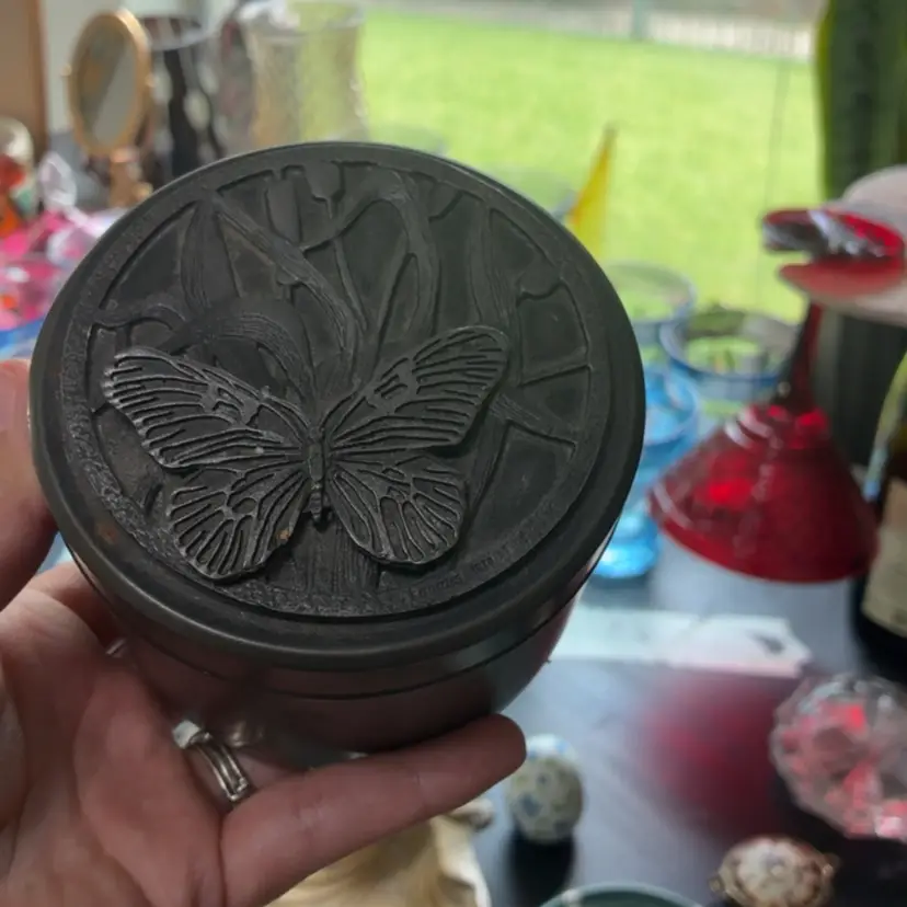 Metzke 1978 Pewter Butterflies And Cattails Covered Dish