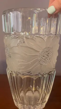 Vintage Bohemian frosted Crystal vase with sunflower motif. 10” Tall   6” Wide