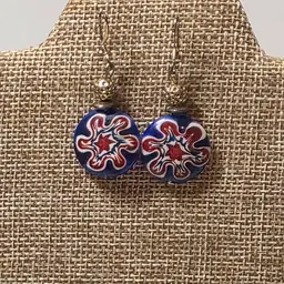 Murano Style Millefiori dangle earrings featuring a red, white, and blue floral