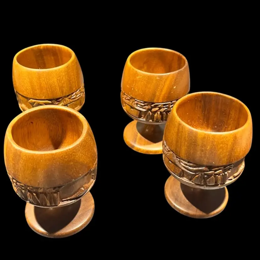 Set of 4 Hand-Carved Wooden Goblets – Tropical Village Motif- 4.25 Tall, 3” Wide, 2.5 Diameter Too