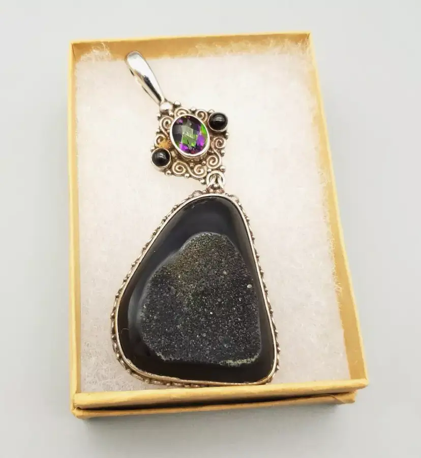 Sterling Silver Amethyst Pendant Black Onyx Sajen Larger Piece Dangle 3" Signed