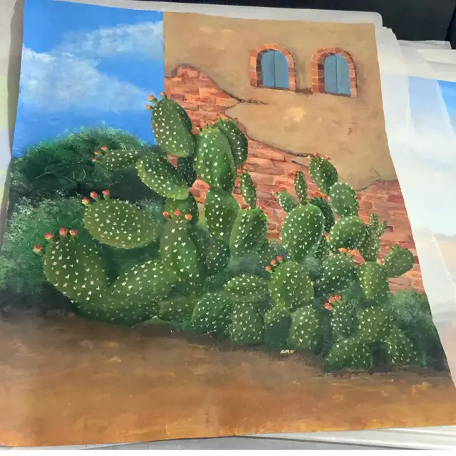 “El Rancho De New Mexico “ By Art. Signed By Artist 20” By 16” Mixed Media On Canvas Made By Me Featuring A Prickly Pear Cactus Against Old Red Brick House In New Mexico 🛻