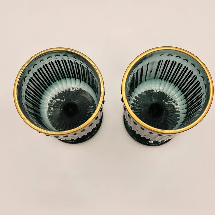 Vintage Teal Green Glass Goblets with Gold Trim - Set of 2