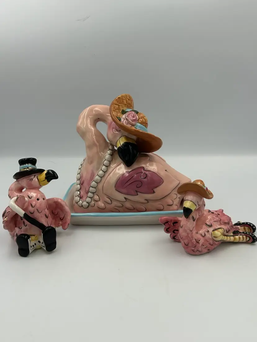 Blue Sky Clay Works Ceramic Flamingo Butter Dish w Salt & Pepper Shakers