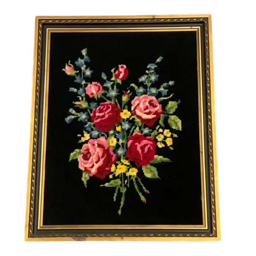 Black Floral Needlepoint Art work 16.5x21