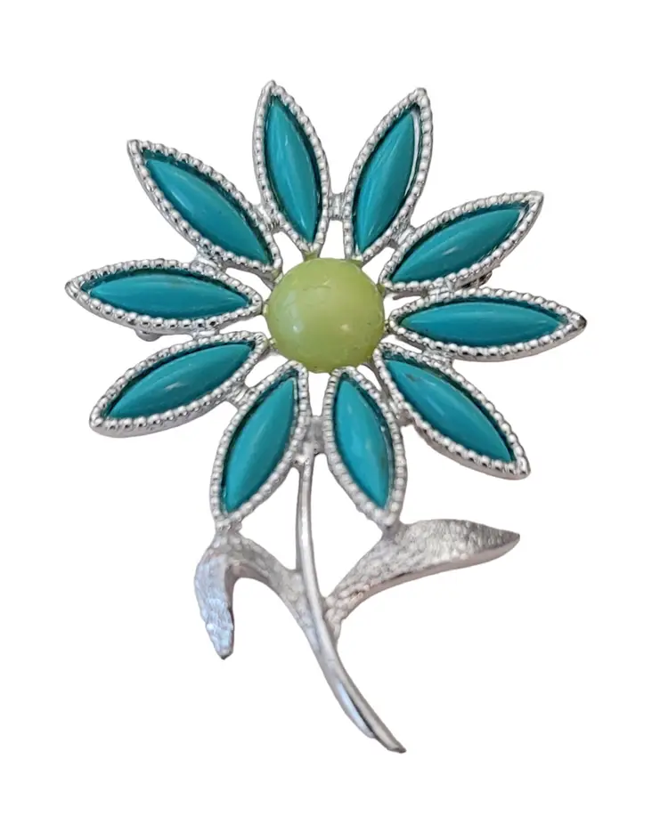 Sarah Coventry Silver Tone Robins Egg Blue, Green Daisy Brooch, Signed E680