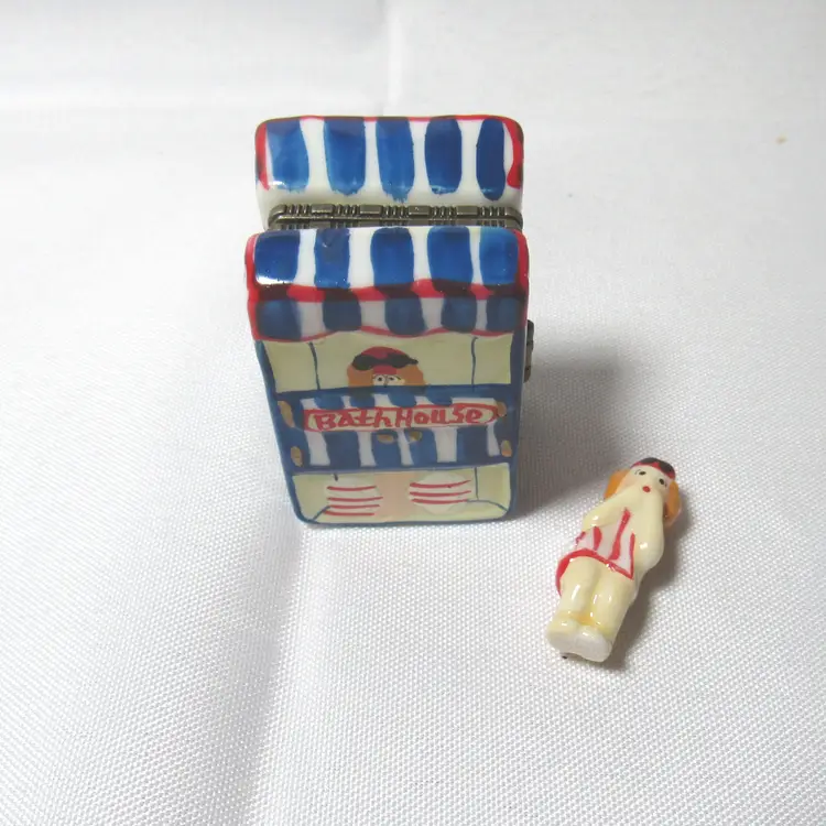 Porcelain Bath House Hinged Trinket Box w/ Bathing Beauty SwimmerTrinket
