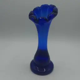 Small Cobalt Blue Scalloped Pedestal Hand Blown Art Glass Bud Vase 6 "