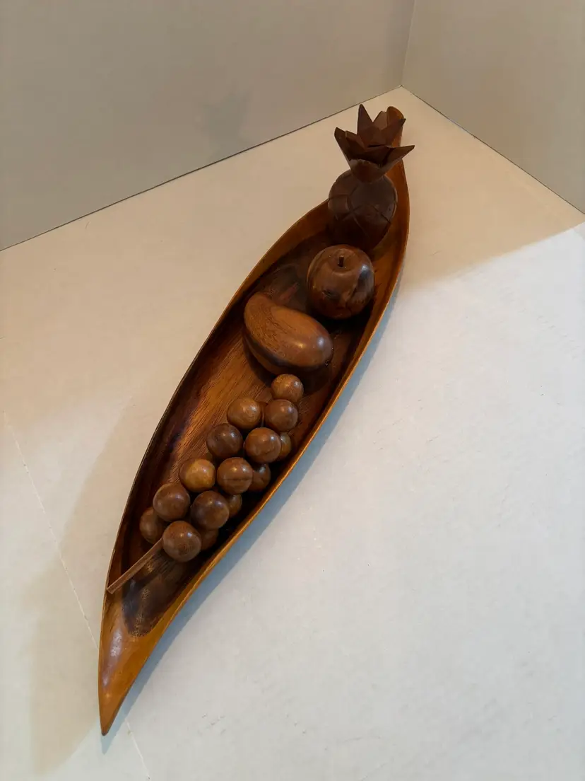 Vintage MCM Wooden Bowl with 4 Wooden Fruit  Bowl is Signed 21.5in Long