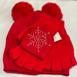 Pom Pom Hat Flip Mittens Set Holiday Time NWT Cozy Winter Warm Red