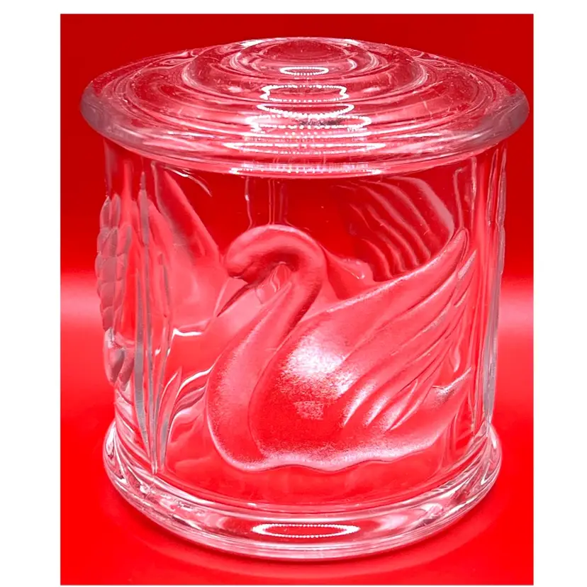Gloria Varderbilt Frosted Etched Glass Jar with Lid Embossed Swans Signed 4 in Height