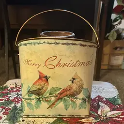 #01 - Metal Planter W/Handle, Wall Pocket, Red Bird Design 6.25x7"H