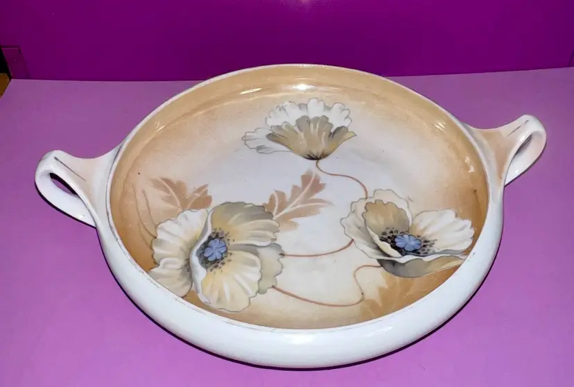 Vintage German Art Nouveau Poppy Flowers Bowl With Handles 10” Iridescent