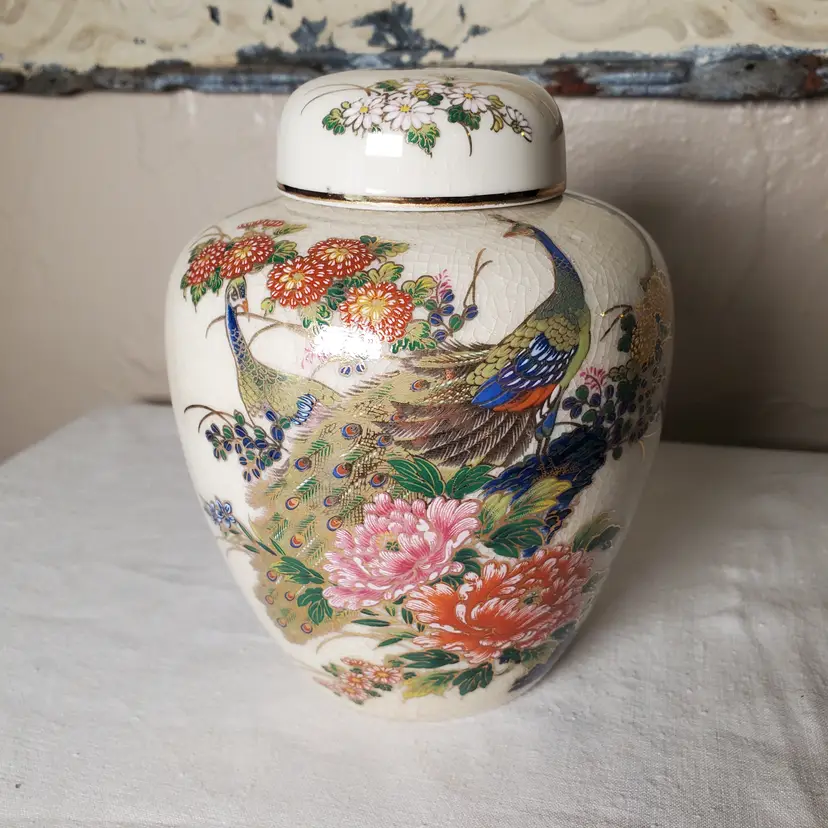 Vintage Japanese Peacock Ginger Jar
