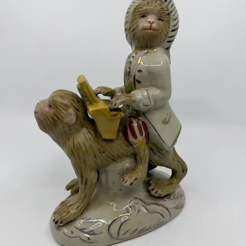 Vintage MCM Porcelain Monkey Band Figurine Riding A Monkey Playing Piano