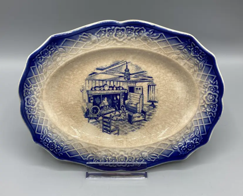 Early American by Salem Home Center Serving Plate - Briar Rose, Embossed Blue Rim - Vintage