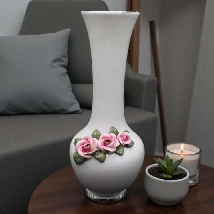 Dresden Vase Applied Roses 7 3/4” Tall