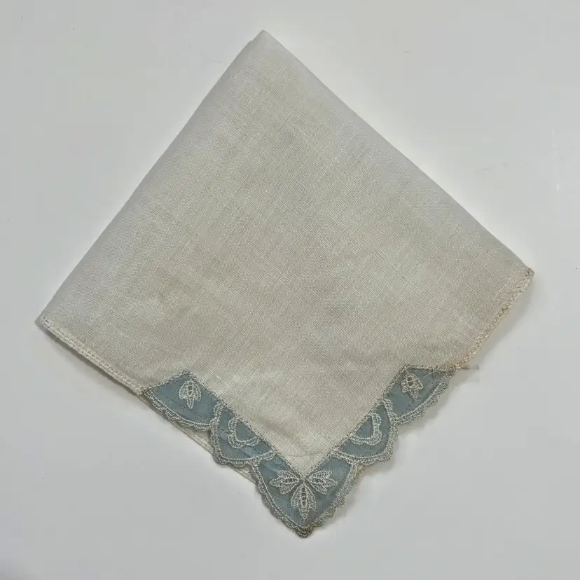 Floral Lace Something Blue Handkerchief Linen Wedding Bride Cottage Core Vintage