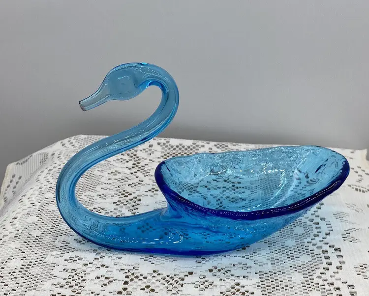 Vintage Ocean Blue Glass Hand Blown MCM Swan Bowl Trinket Candy Dish Mid Century