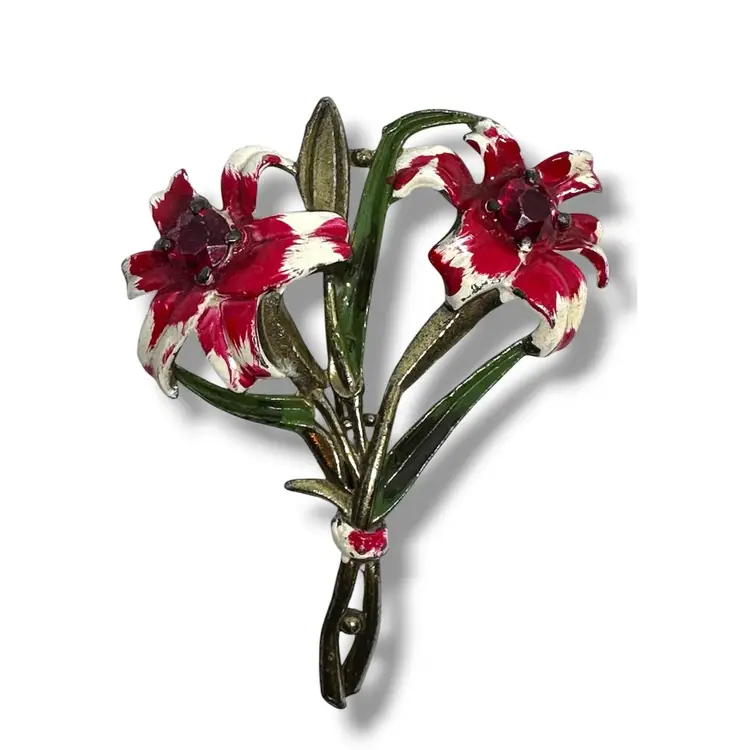 Vintage 1940s Large Enamel Flower Brooch Red Rhinestone Lilly Hand Painted