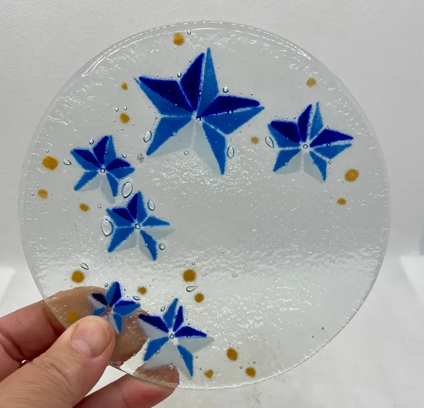 Vintage Fused Glass Blue Star 6” Plate Trinket Ring Dish
