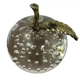 Vintage Art Glass Apple with Brass Stem & Bullicante Control Bubbles Paperweight