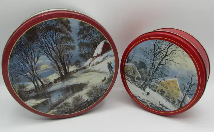 3 VTG Currier and Ives- 2 tins & 1 Mailbox Grist Mill-Amer Homestead-Winter Moon