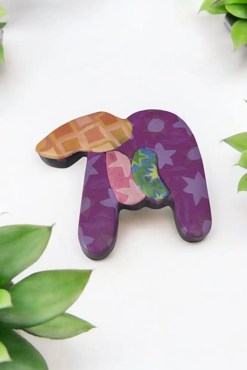 Artisan Made Signed Leu Folk Art Animal Brooch Pin Artsy Colorful Polymer Clay