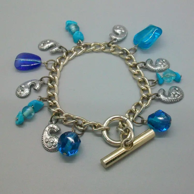 Blue Turquoise Bead Silver Metal Paisley Shape Dangle Charms Toggle Bracelet 7.5"