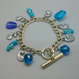 Blue Turquoise Bead Silver Metal Paisley Shape Dangle Charms Toggle Bracelet 7.5"