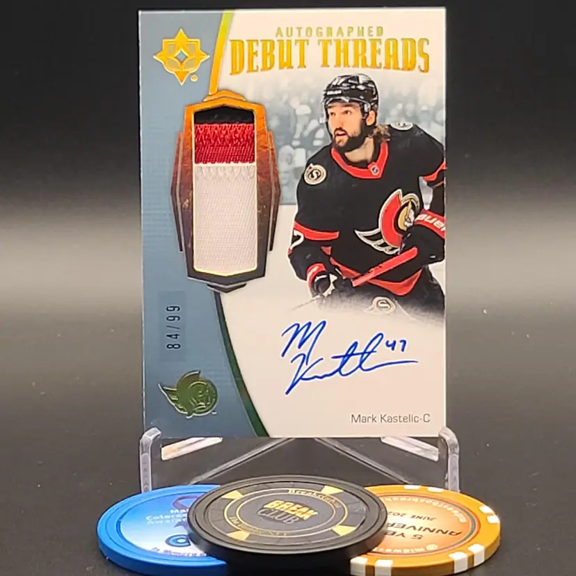 Mark Kastelic Rookie Patch Auto 2022-23 Upper Deck Ultimate Collection Autographed Debut Threads Insert Numbered 84/99 Card #ADT-MK - Ottawa Senators Hockey Card