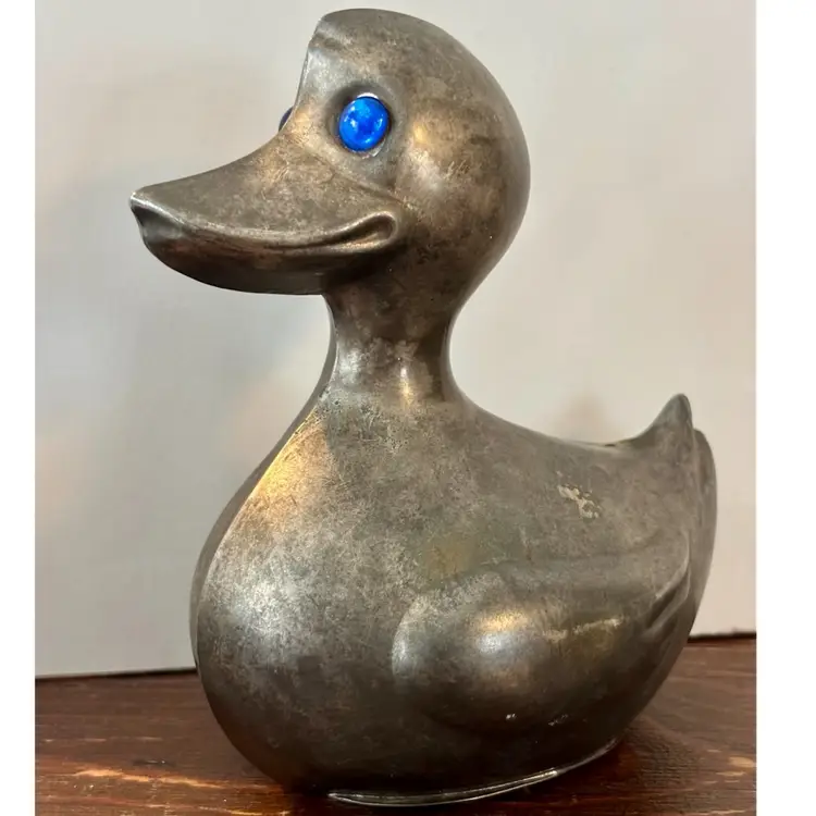 Vintage Silver Plate Marked Duck Coin Bank with Blue Glass Eyes Made in Denmark 5”