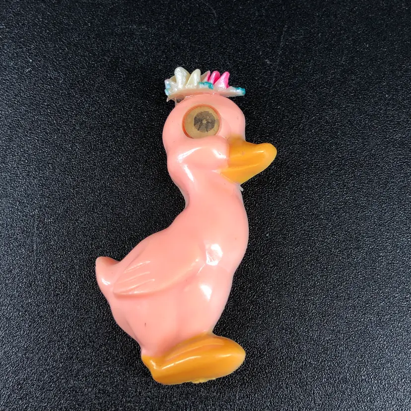 Vintage 1940s Celluloid Plastic Pink Winky Blinking Duck Easter Pin Brooch