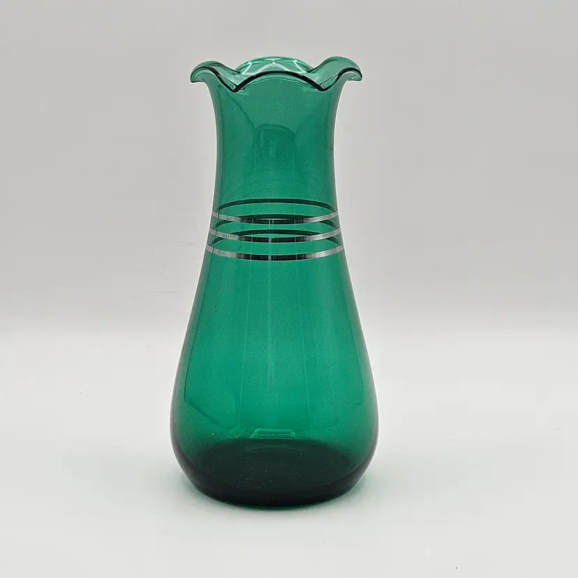 Emerald Forest Green Glass Vase with Silver Bands Ruffled Edge Vintage