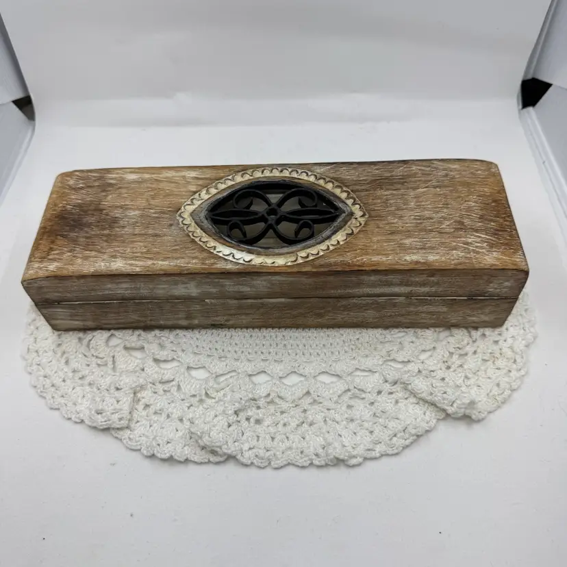 Wooden 10” Wide Box With Metalwork Window On Top, Hinged