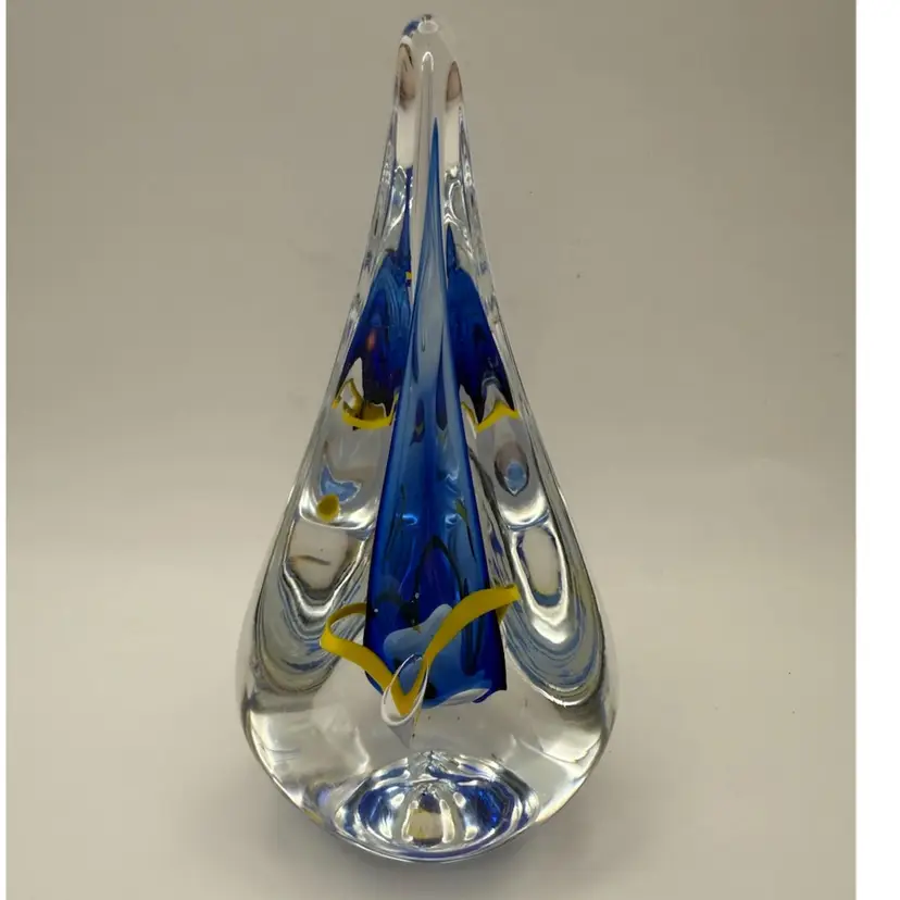 Adam Jablonski Signed Lead Crystal Cobalt Blue/Yellow Art Glass Paperweight Poland