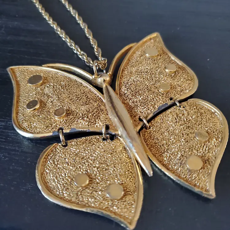 Large Articulated Gold Tone Butterfly Necklace 1960's Jewelry